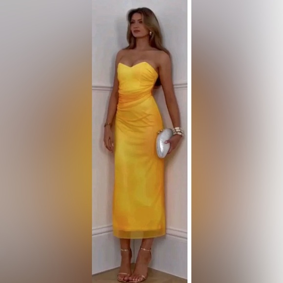 Zara NWT yellow orange tie dye printed tulle midi draped ruched sweetheart dress - Picture 3 of 15